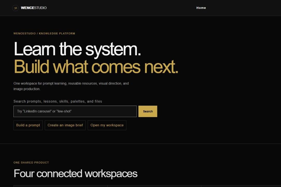 WenceStudio learning platform home screen with the headline Learn the system. Build what comes next.