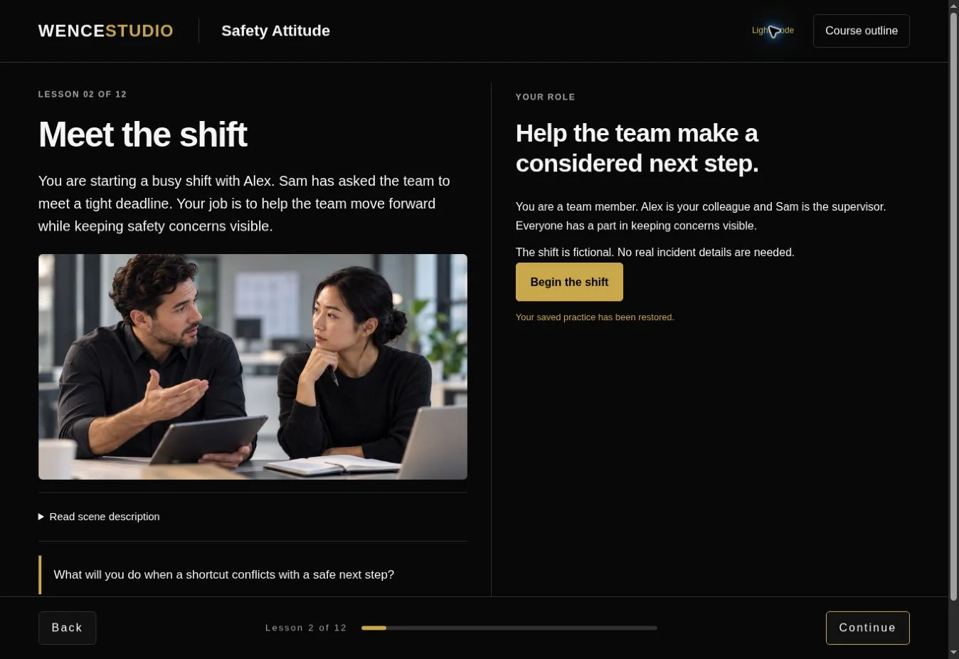 Safety Attitude portfolio course, showing the Meet the shift scenario and a decision activity.