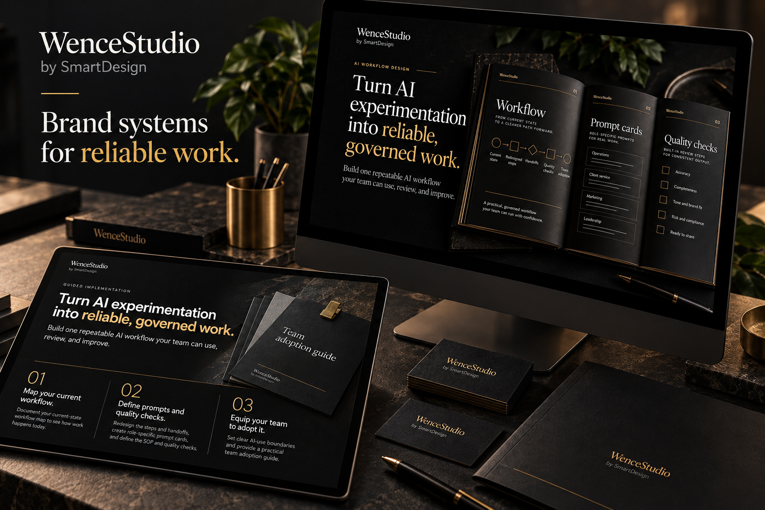 Black-and-gold WenceStudio brand ecosystem with workflow playbook and team adoption guide